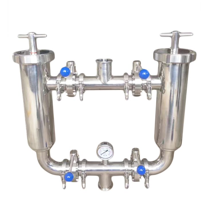 Hygienic Duplex Pipeline Filter Strainer with pressure gauge